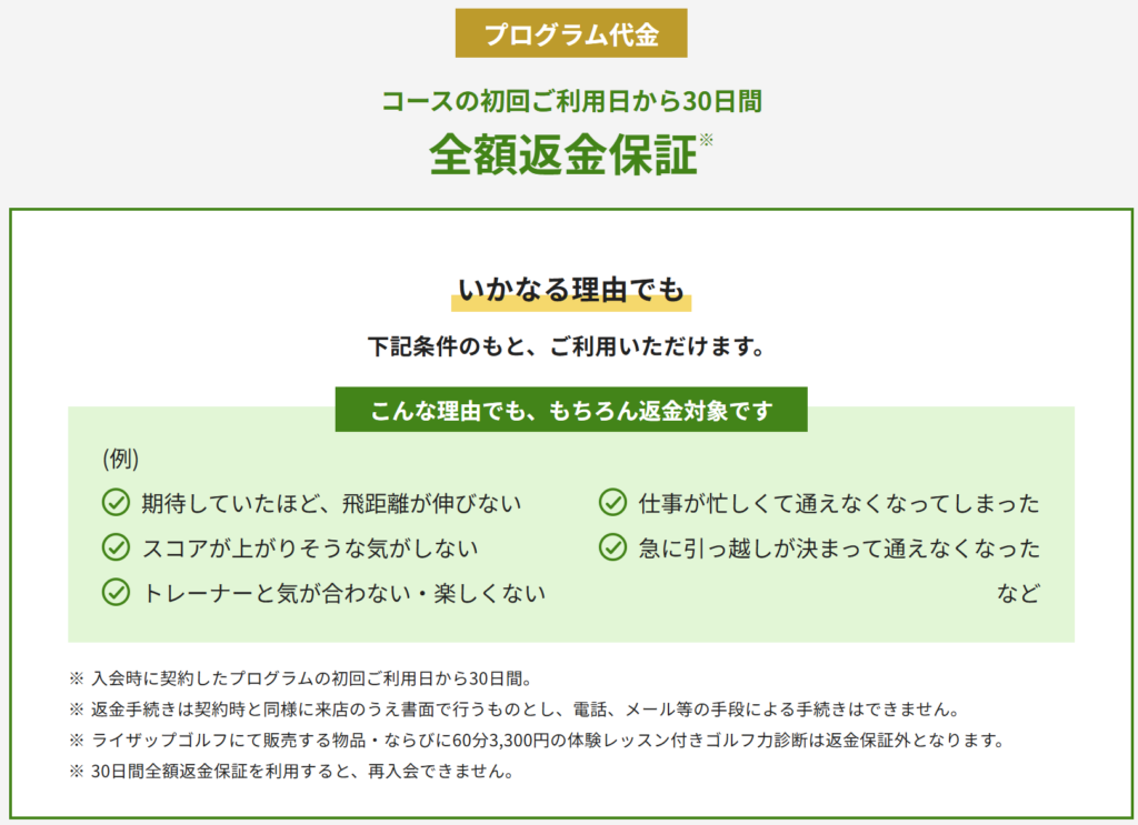 ライザップゴルフ,30日間全額返金保証